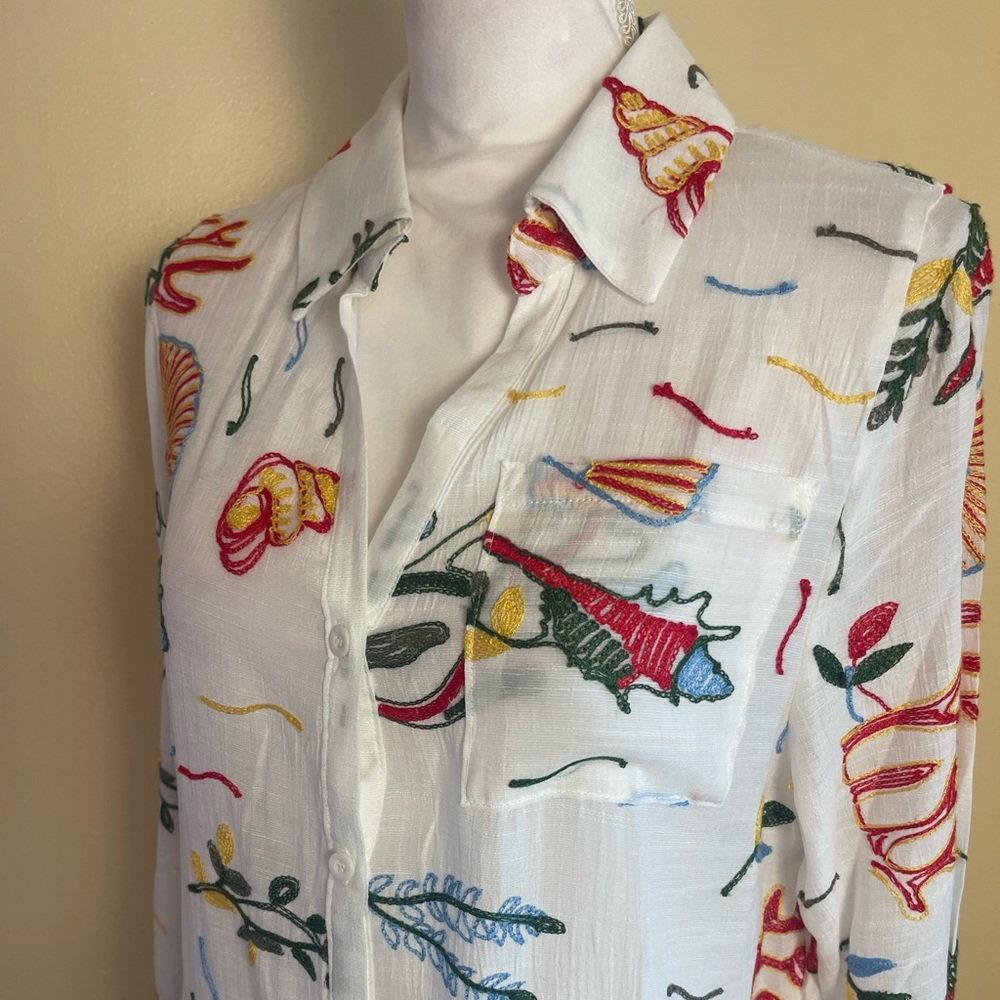 Coastal Embroidered Beach Cover Up Midi Shirt Dress Ocean Theme Lemons Resort S - Picture 11 of 14